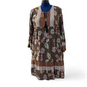 GiGiO Multi Print Tie Front Peasant Dress, Size LARGE